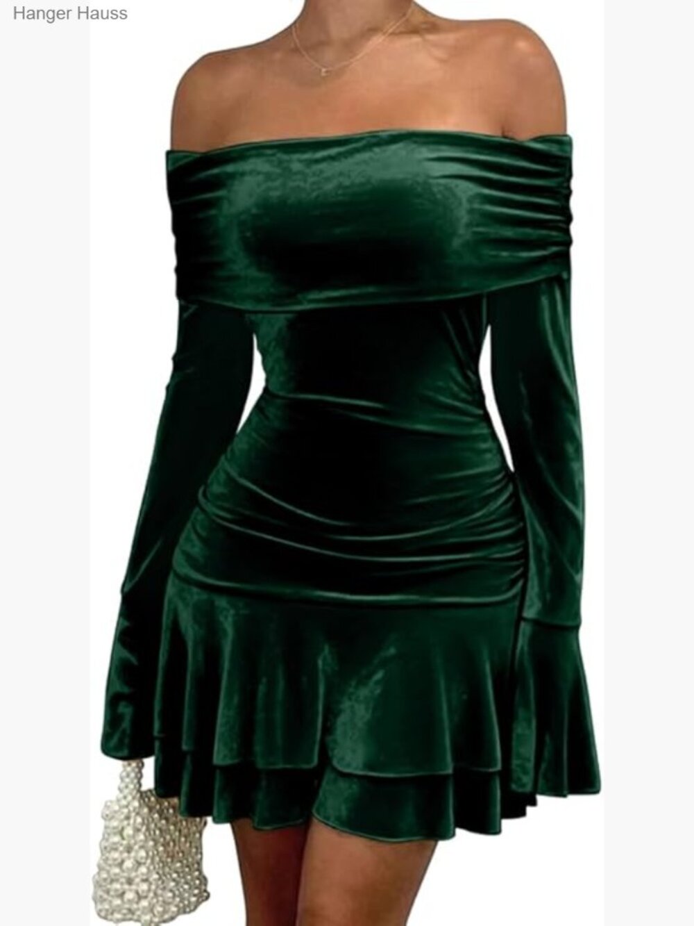 Sexy Velvet Off Shoulder Long Sleeve Ruffle Hem Bodycon Mini Dress